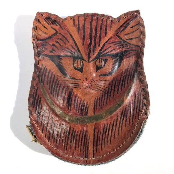 vintage Kitty Cat Face Leather Coin Purse Hand Tooled and Painted Zipper AS IS - Picture 2 of 6
